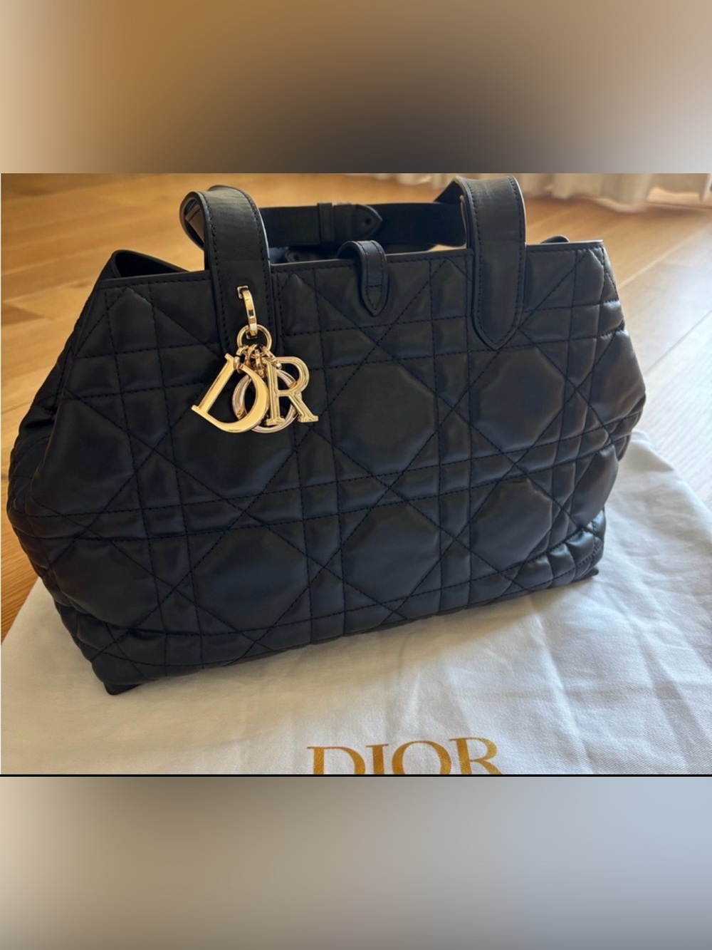 Black Medium Quilted Leather Calfskin Tote with Gold Charms